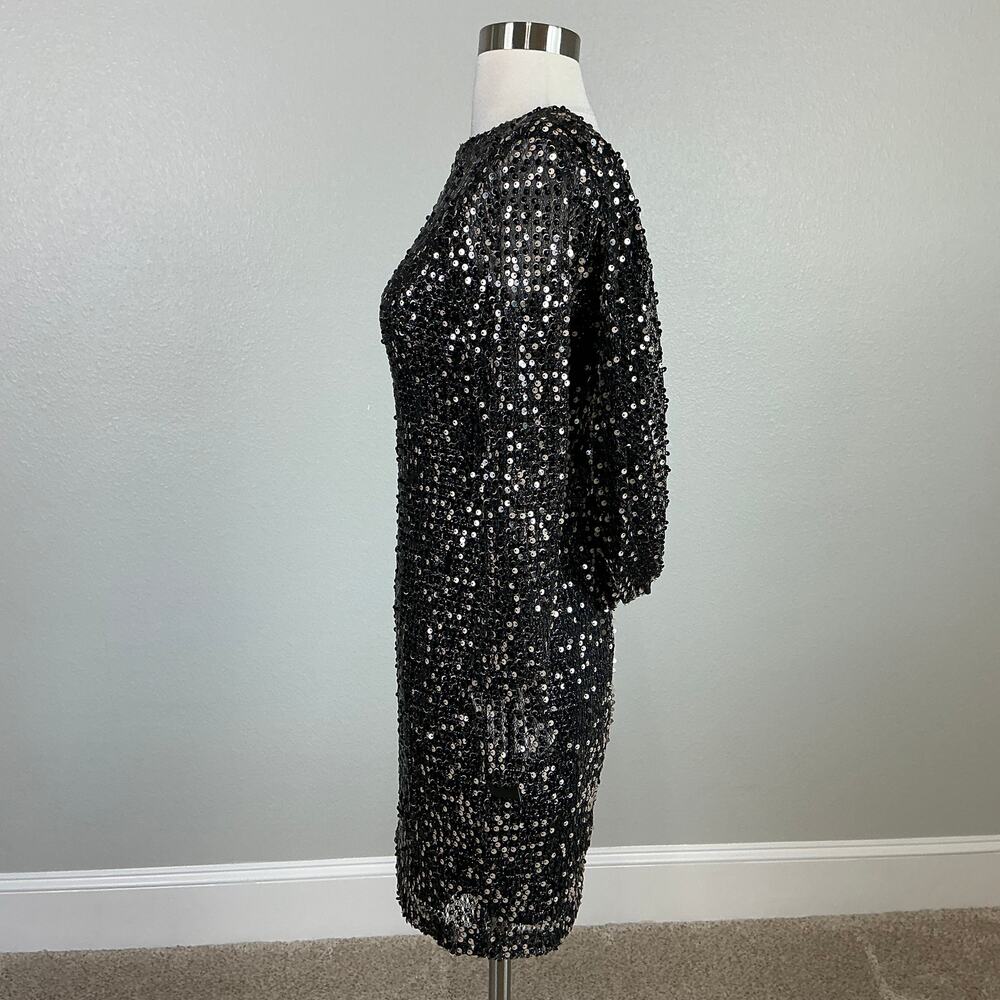 Betsy & Adam Black Sequined Long Sleeve Mini Sheath Cocktail Dress Size 4 LBD - Picture 7 of 13